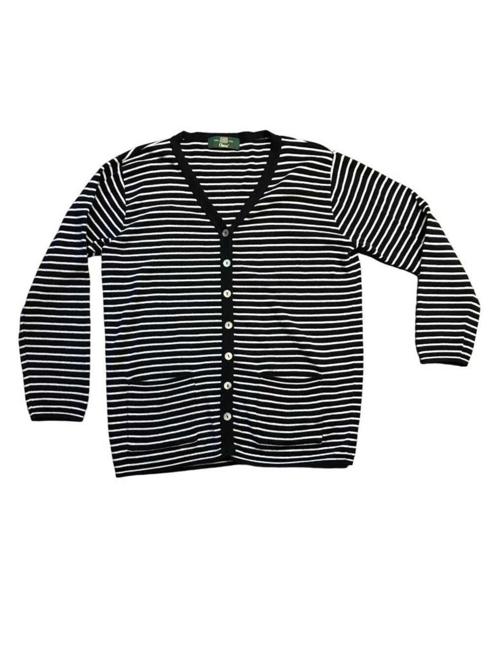 Vintage Orvis Striped V-Neck Cardigan Sweater Women's S Black White Cotton USA
